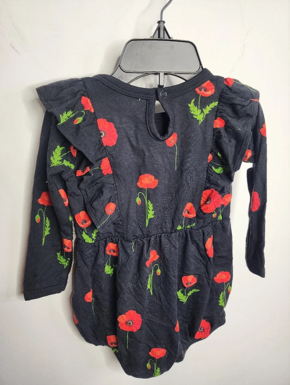 Kyte BABY Black Red Poppy Ruffle Long Sleeve Bodysuit Midnight Poppy